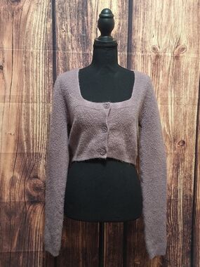 Zara Cropped square Neck Button-Front Knit Cardigan Purple Size Medium!